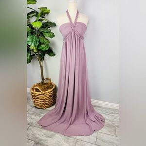 BCBGMaxAzria Elegant Purple Plum Pintuck Babydoll Halter Maxi Dress Size 6